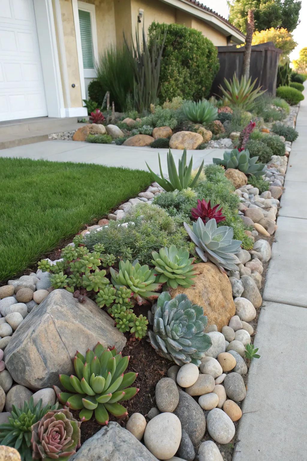 Succulents and natural stones creating a stunning contrast in a front yard garden.