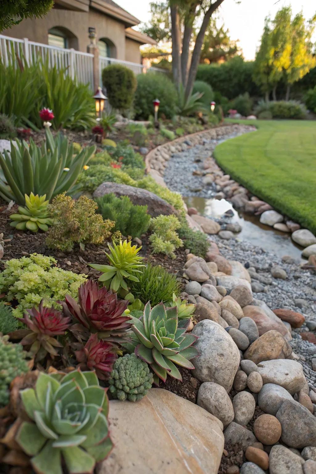 A dry creek bed with succulents creating a naturalistic feature in the front yard.