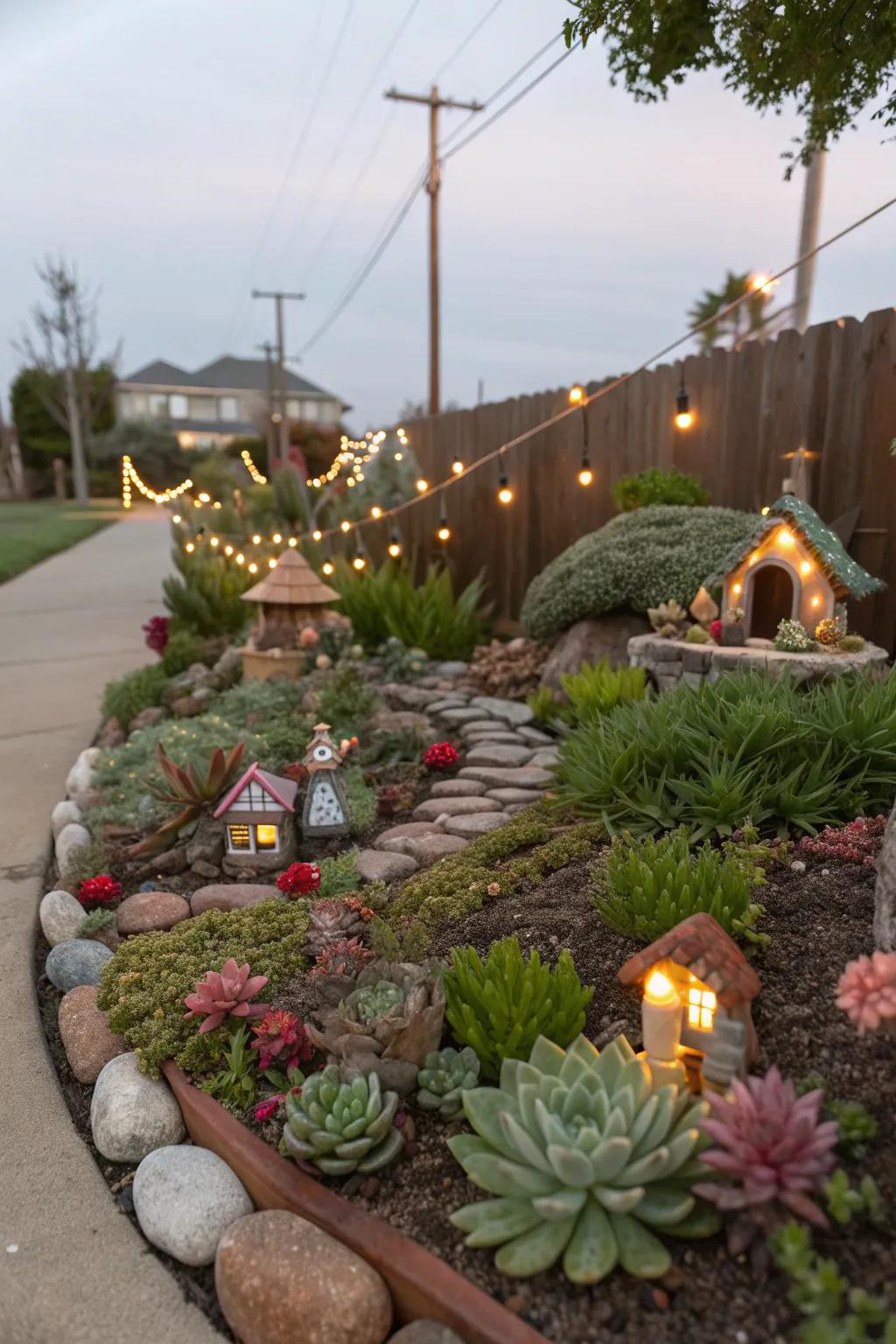 A charming fairy garden with succulents and whimsical miniatures in the front yard.