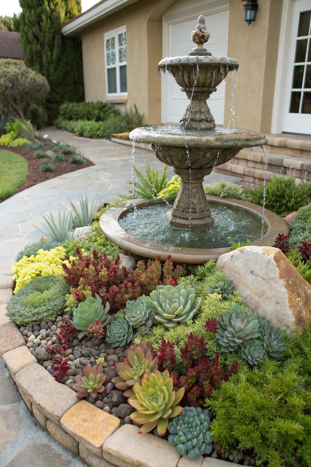 A peaceful fountain feature surrounded by succulents, offering relaxation in the front yard.
