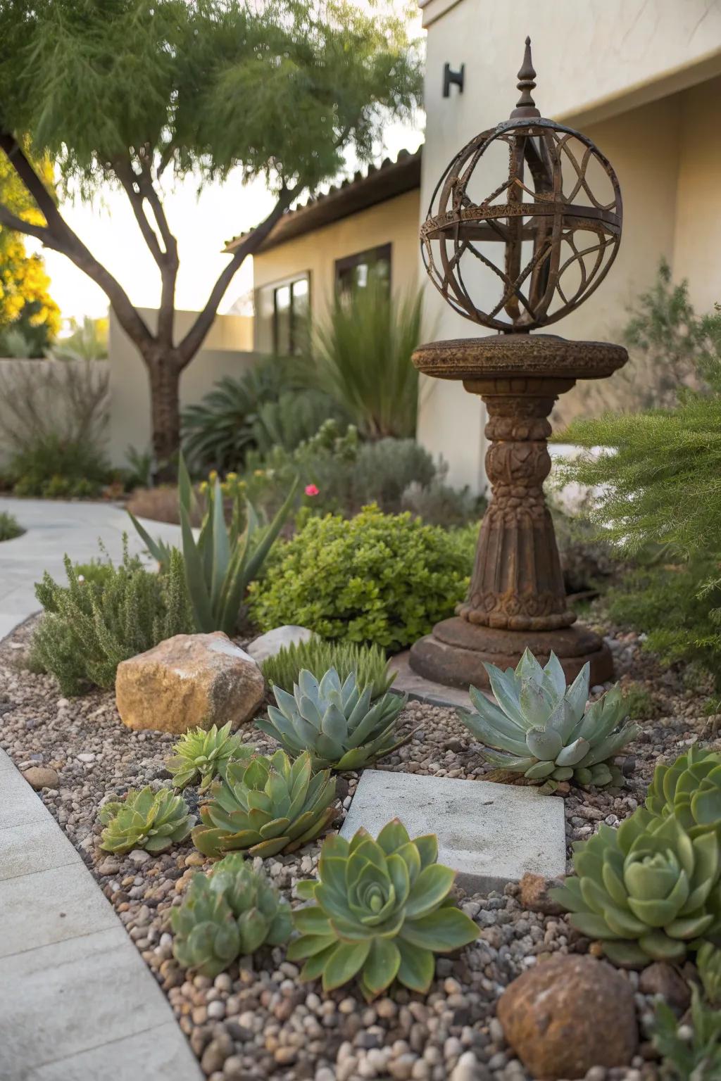 Artistic metal sculpture enhancing a vibrant front yard succulent garden.