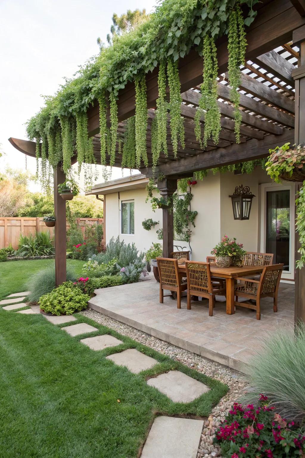 A pergola adorned with succulents, providing a shaded retreat in the front yard.