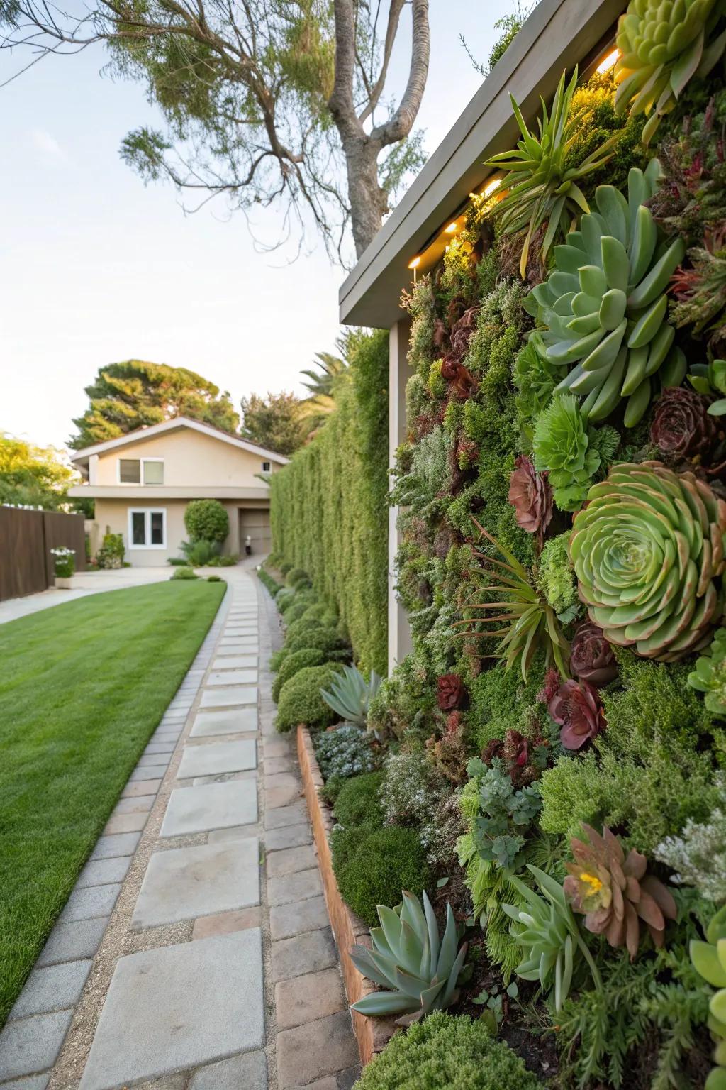 A vertical succulent wall garden adding height and drama to the front yard.