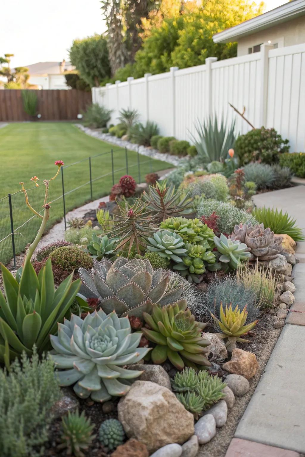 A variety of succulents with different textures creating a rich, tactile garden bed.