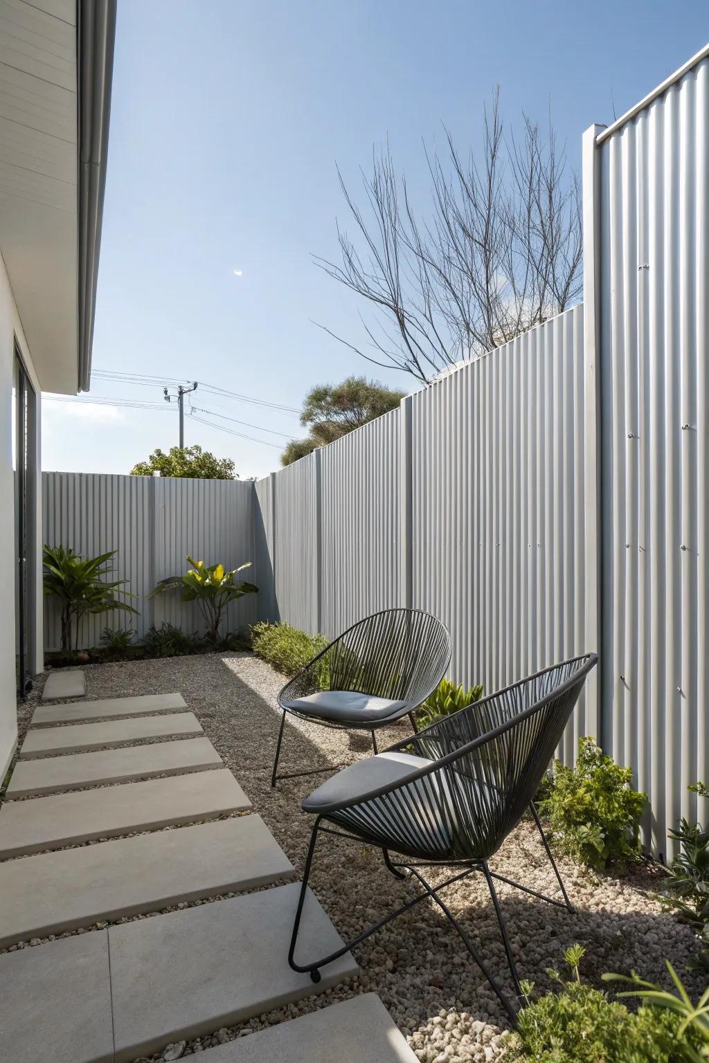Achieve a sleek and modern aesthetic with a minimalist corrugated metal fence.