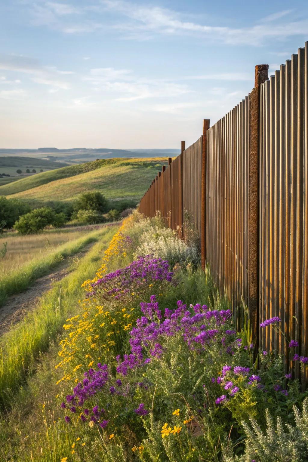 Embrace the rustic charm with a naturally rusted corrugated metal fence.