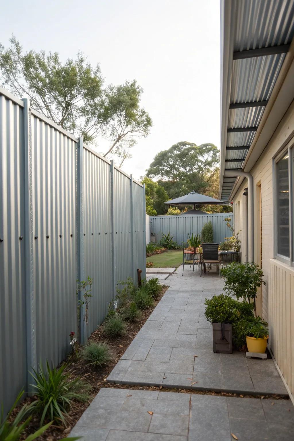 Ensure complete privacy with a solid corrugated metal fence.