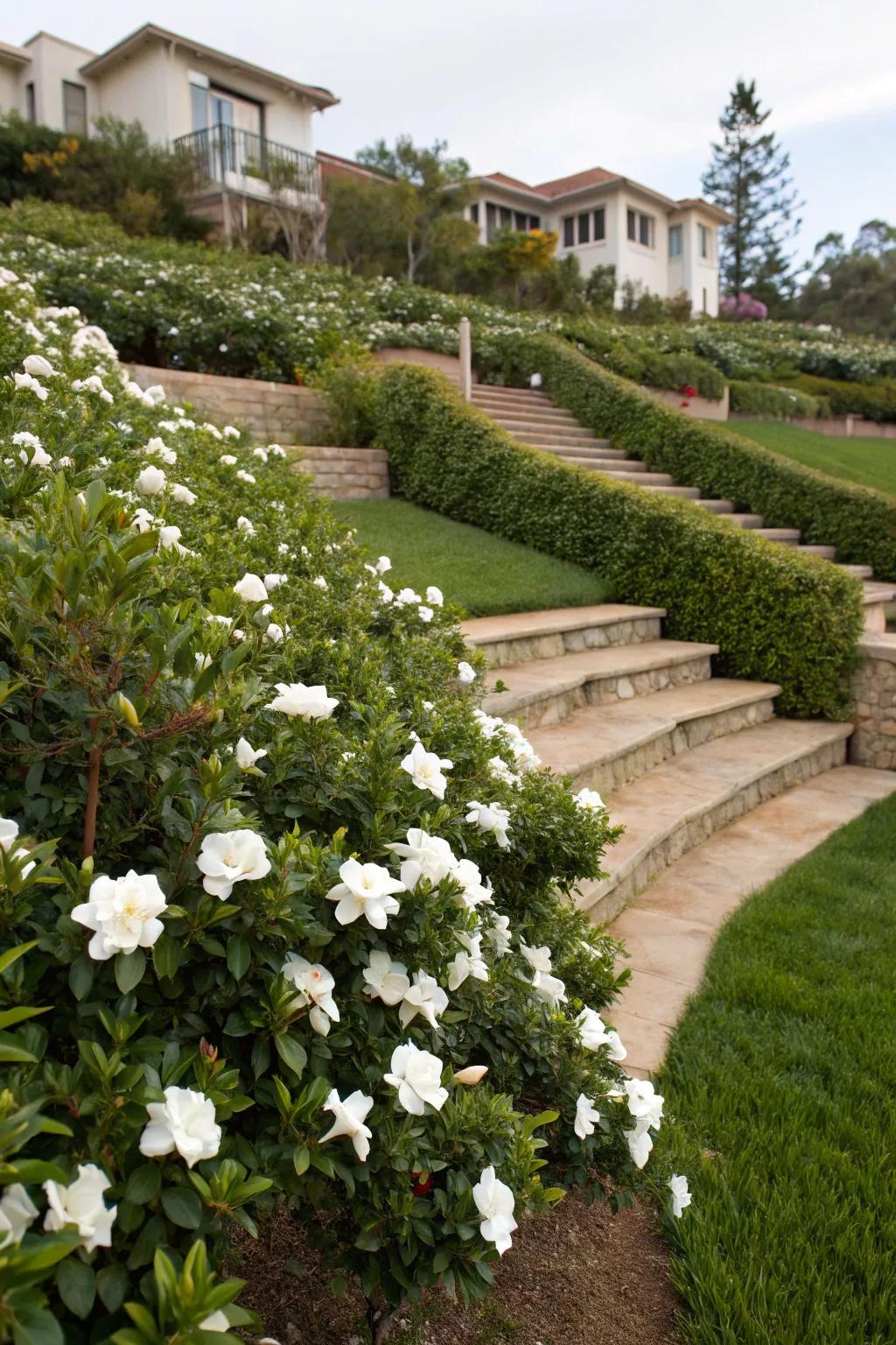 Gardenias enhance terraced slopes elegantly.