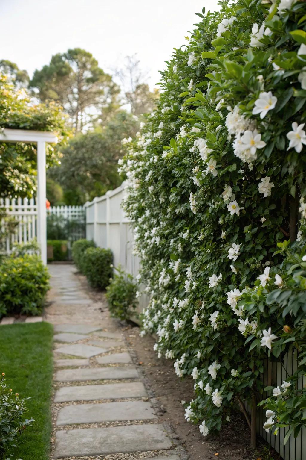 A fragrant gardenia privacy screen for tranquil spaces.