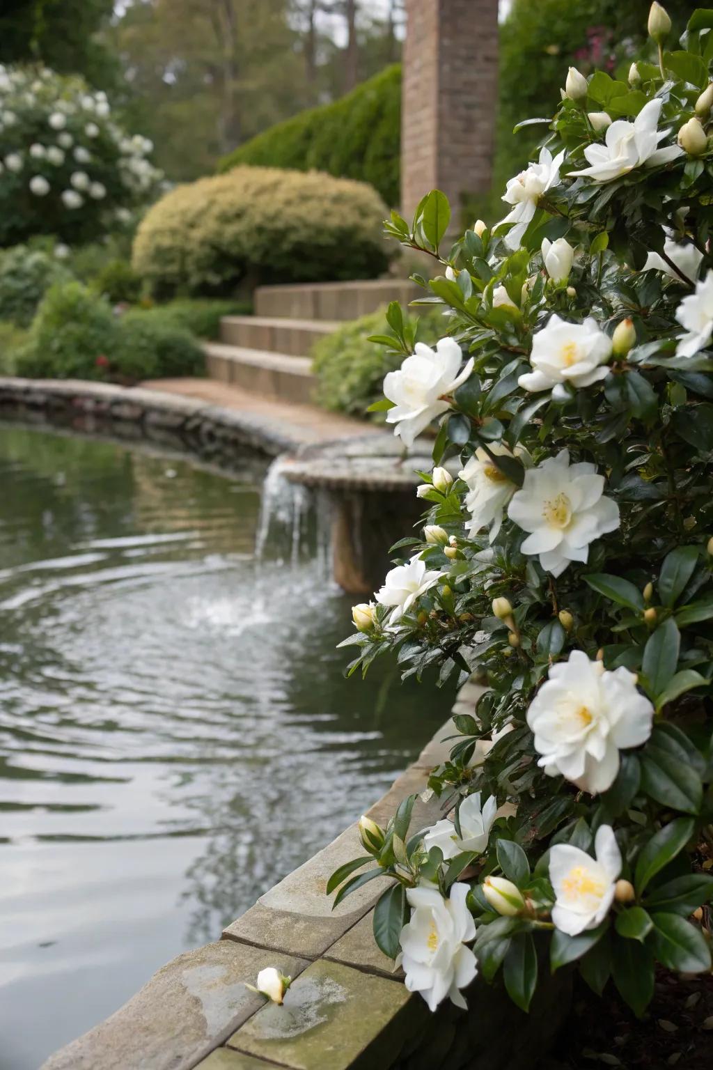 Gardenias enhance the tranquility of water features.