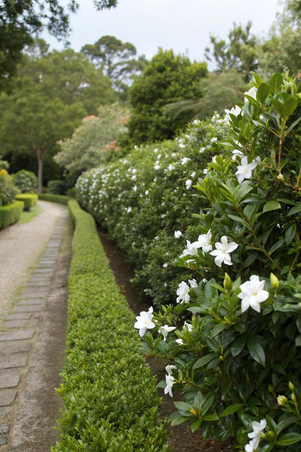 Gardenias add structure as elegant hedges.