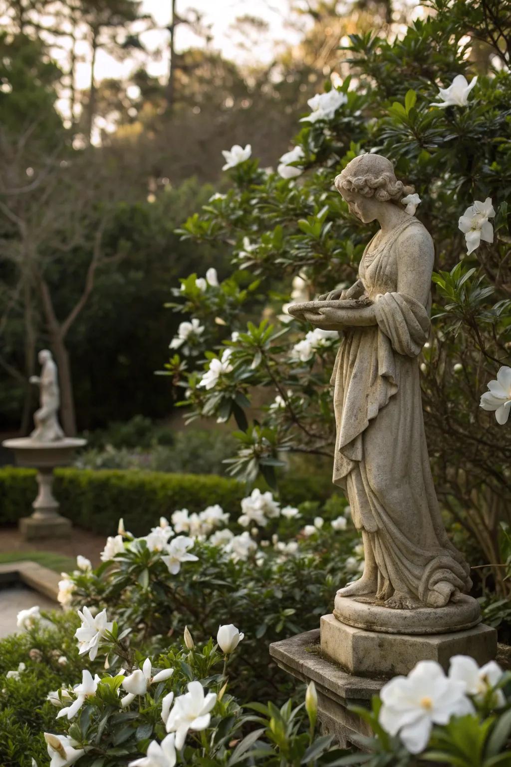 Ornamental elements nestled among gardenias.