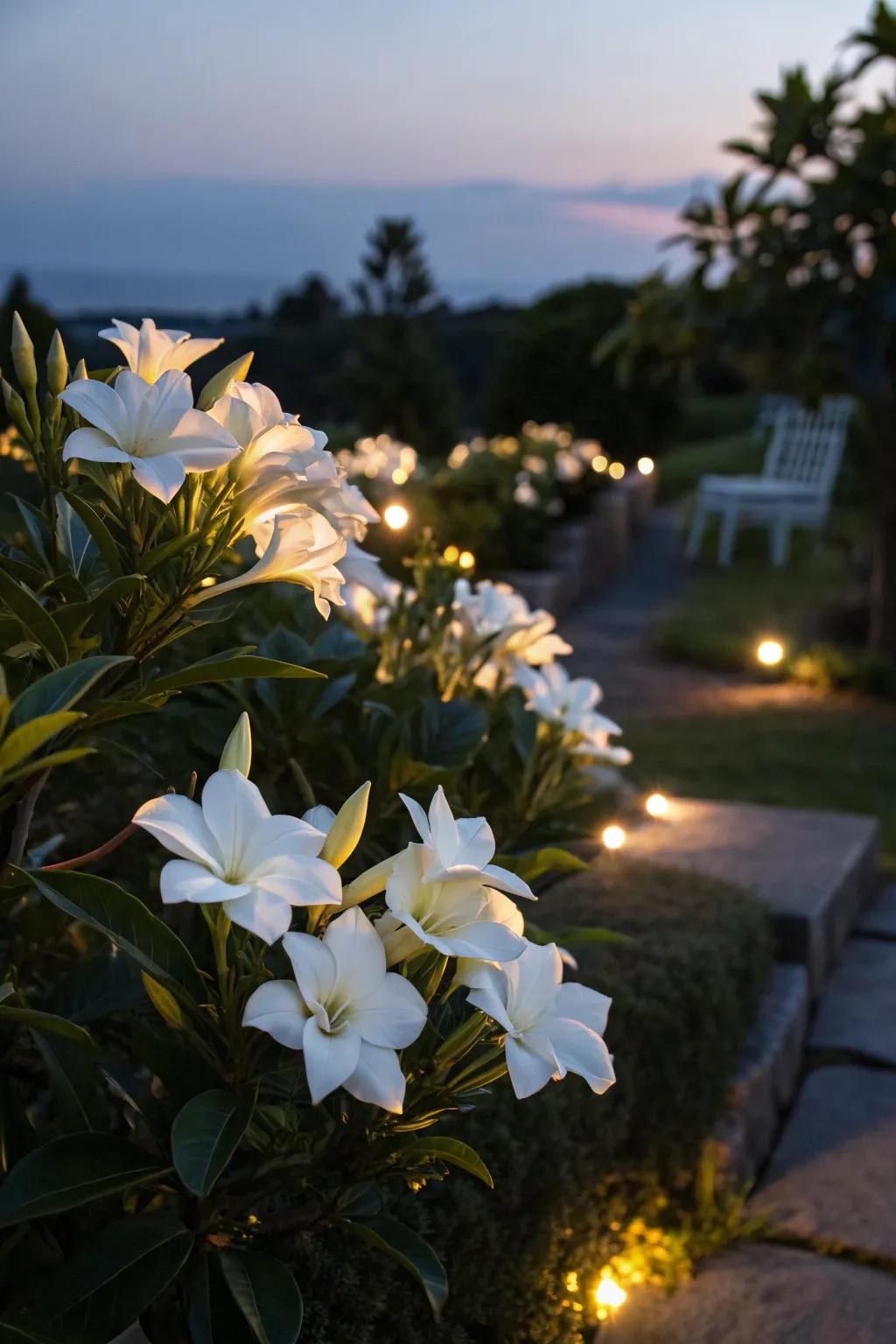 Evening lighting highlights gardenias' nighttime beauty.
