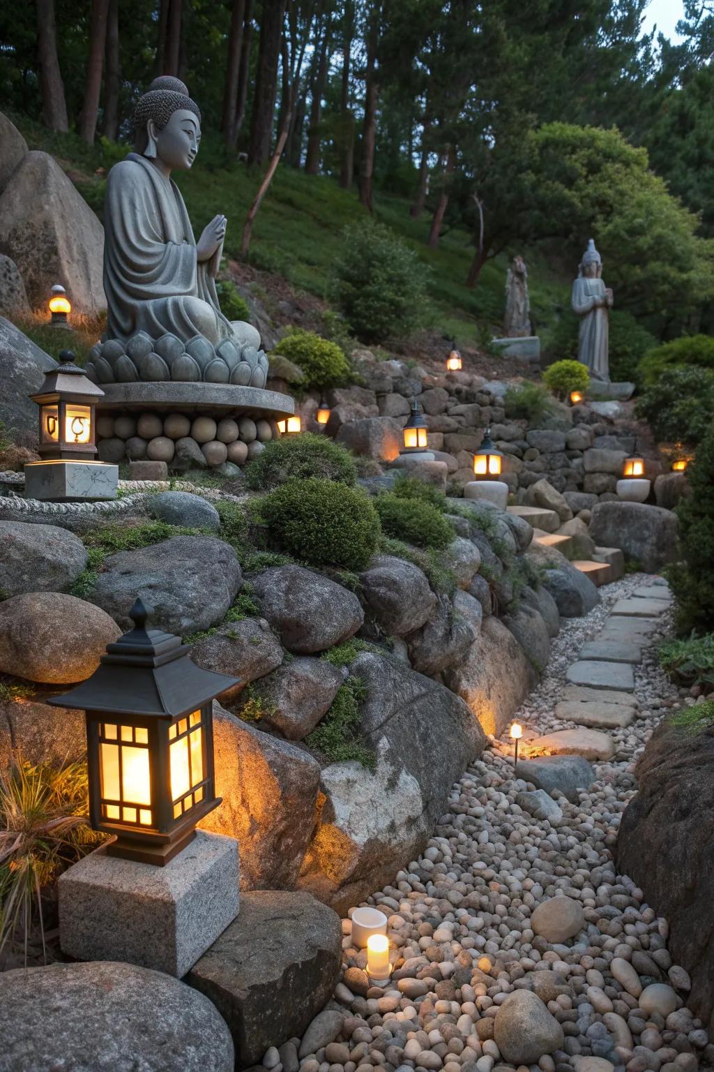Decorative accents adding charm to a rock garden.