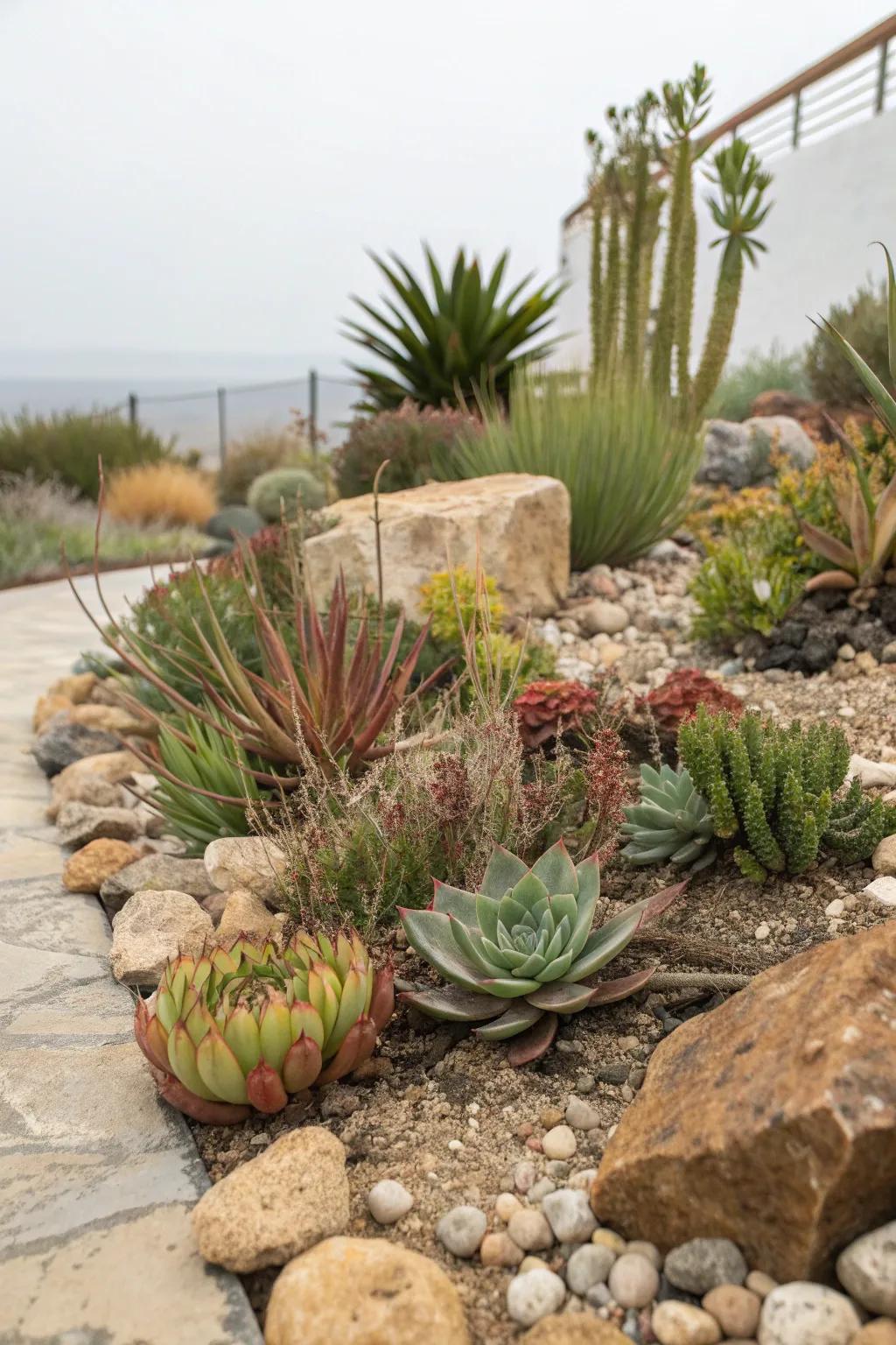 Succulents thriving in a well-designed rock garden.