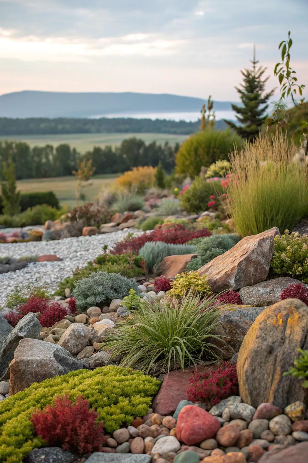 A vibrant mix of colors and textures in a rock garden.