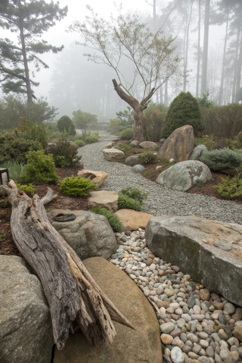 Driftwood and rocks combine for a beachside garden feel.