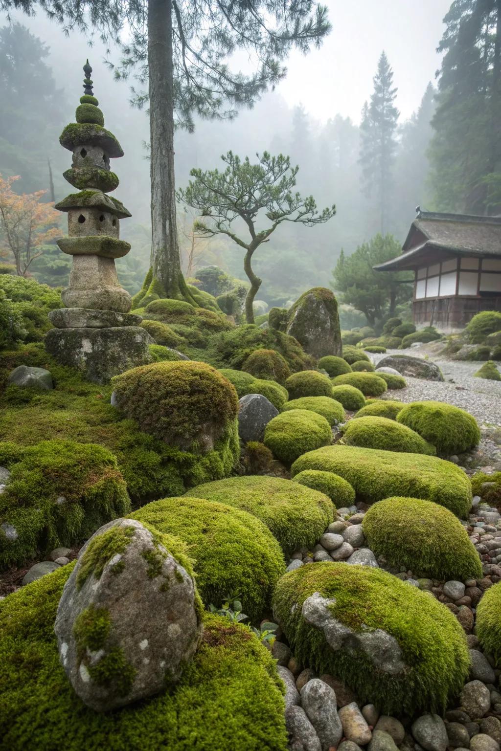 Moss-covered rocks adding a soft touch to a garden.