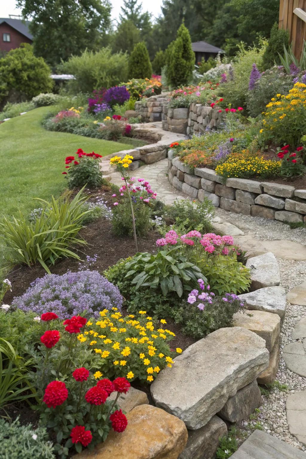 Rock borders creating distinct sections in a garden.