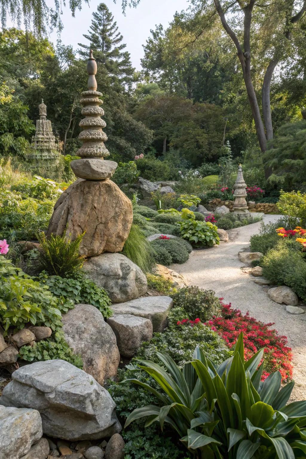Artistic rock sculptures adding creative flair to a garden.