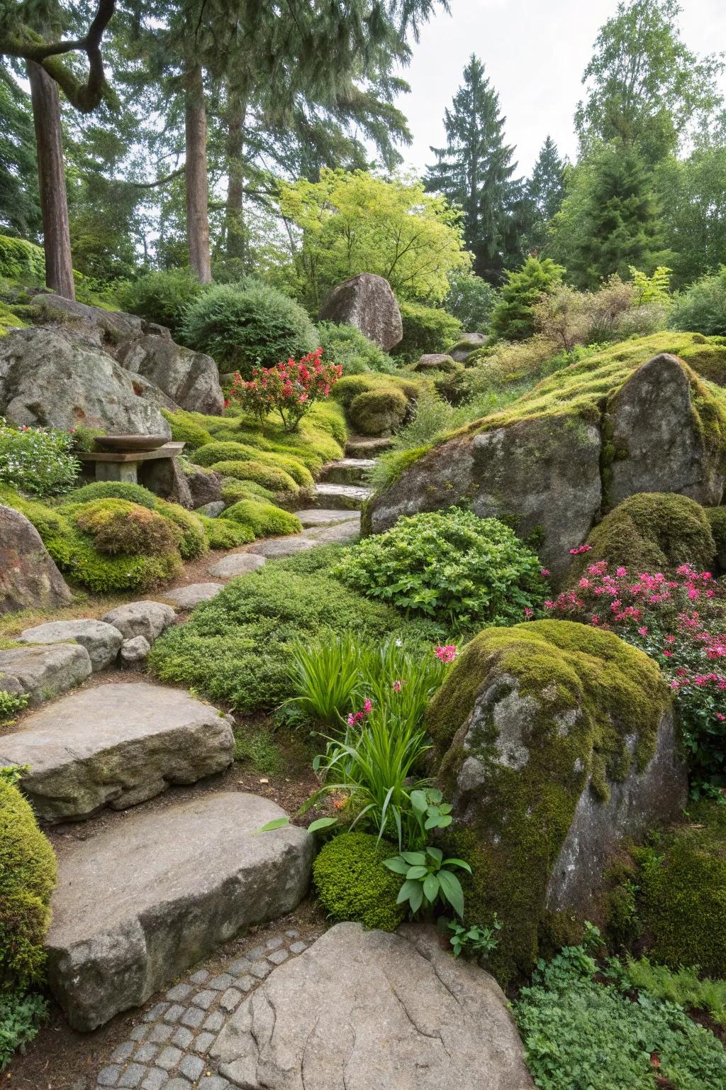A peaceful garden with a naturalistic design.