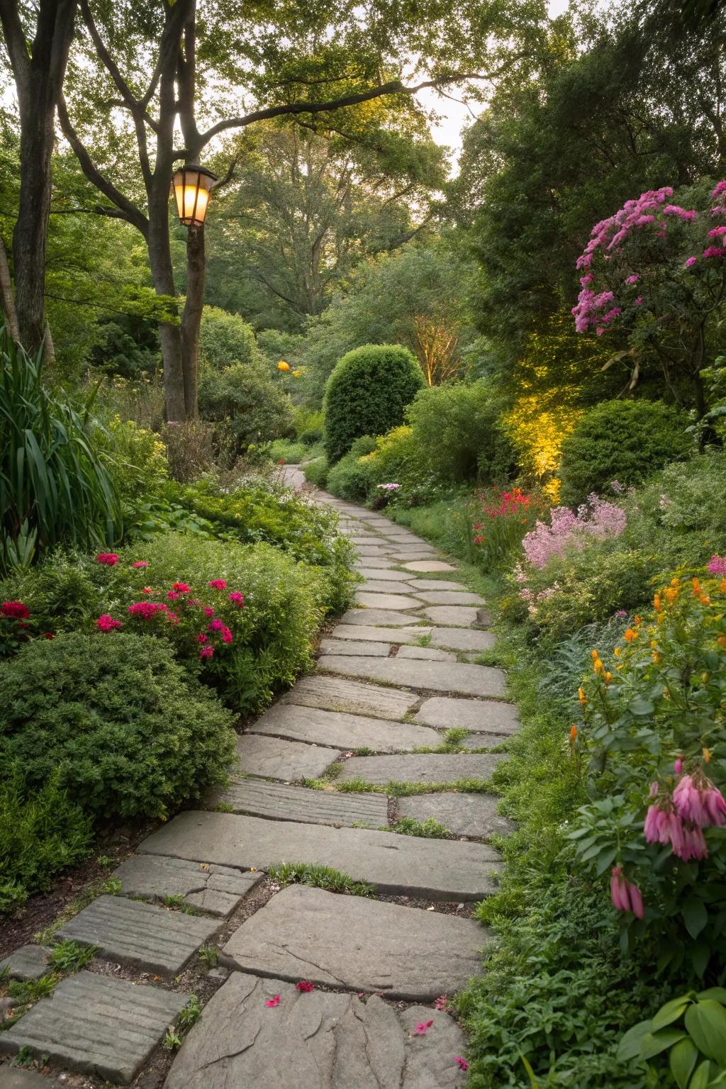 A stone pathway meandering through a vibrant garden.