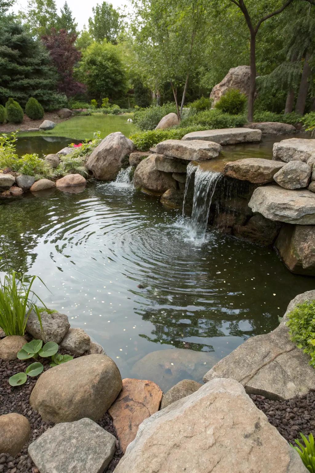 A serene garden pond enhanced by rocks and flowing water.