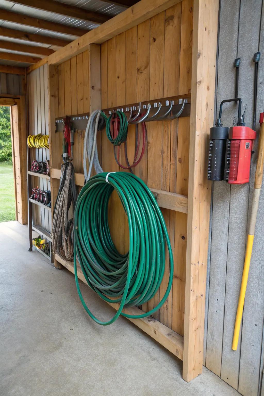 A homemade holder keeps garden hoses neat and accessible.