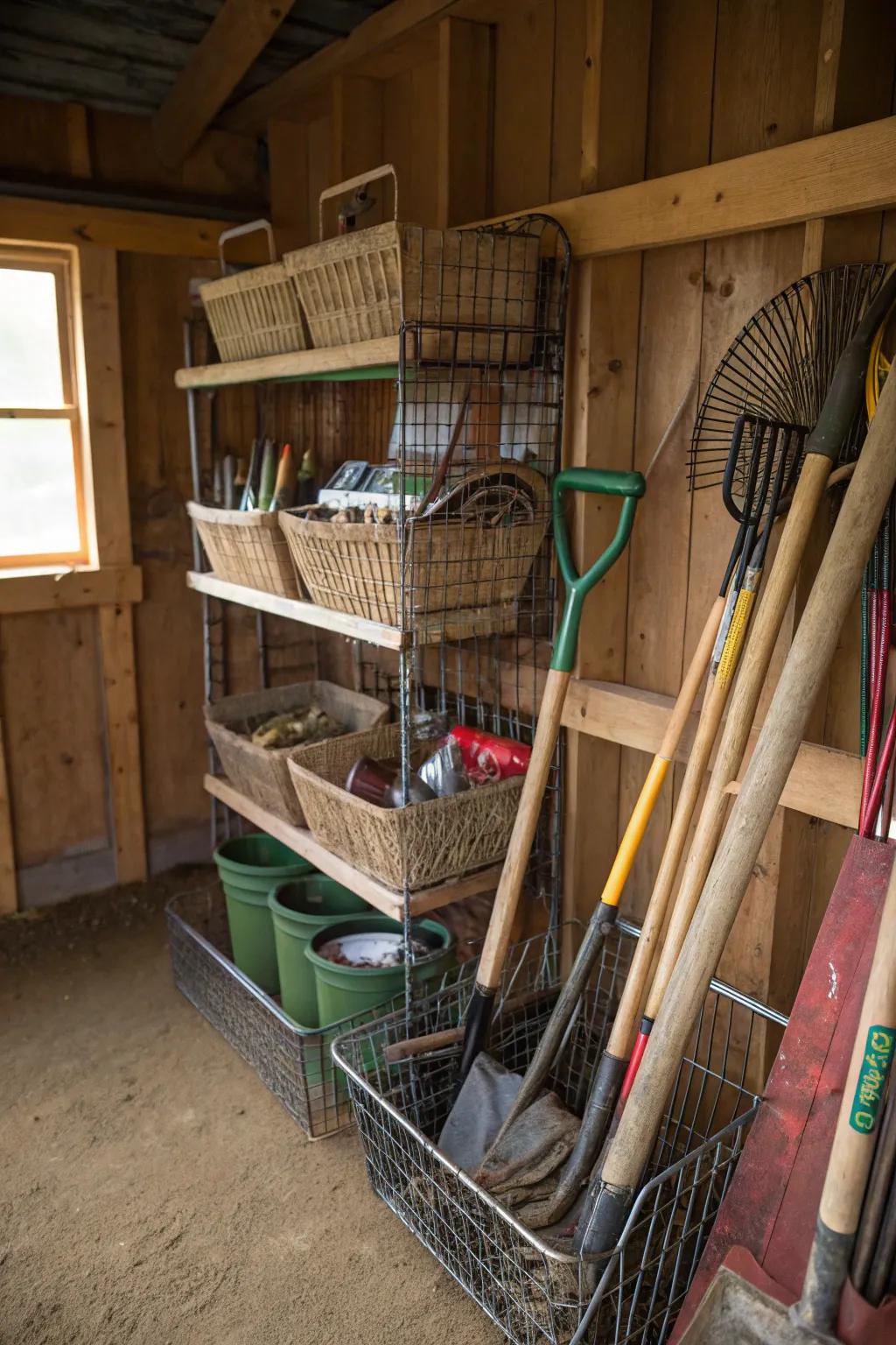 Wire baskets keep larger items organized and accessible.