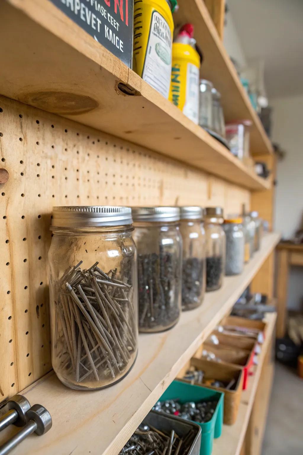 Mason jars keep small items organized and visible.