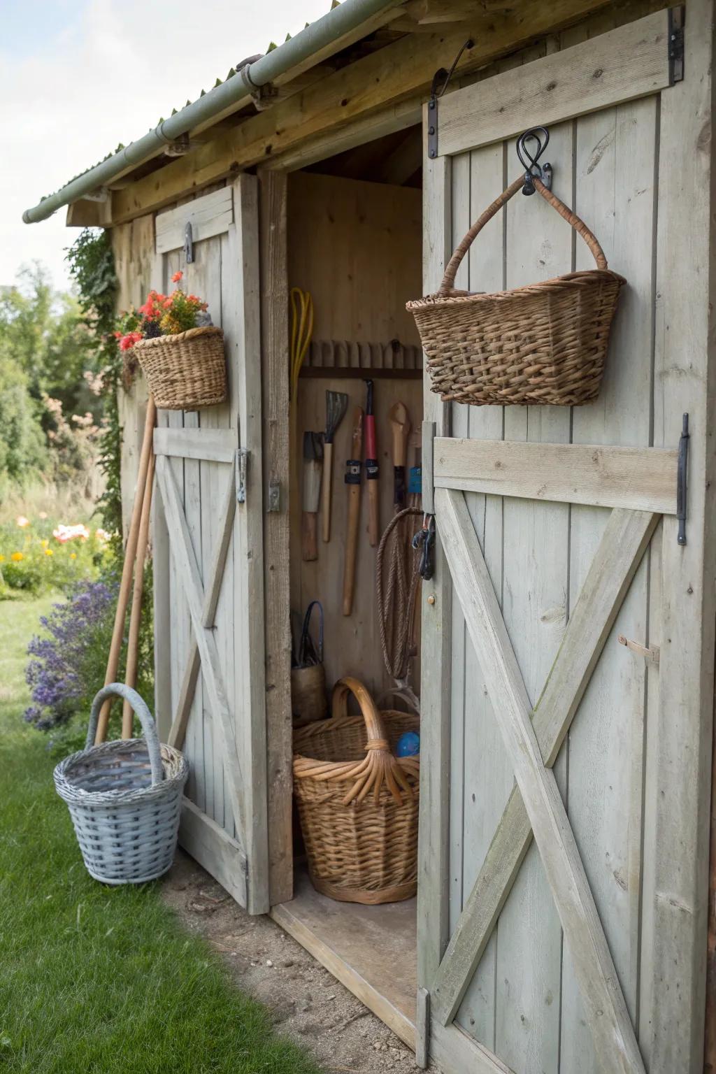 Shed doors provide additional storage space with hooks and baskets.