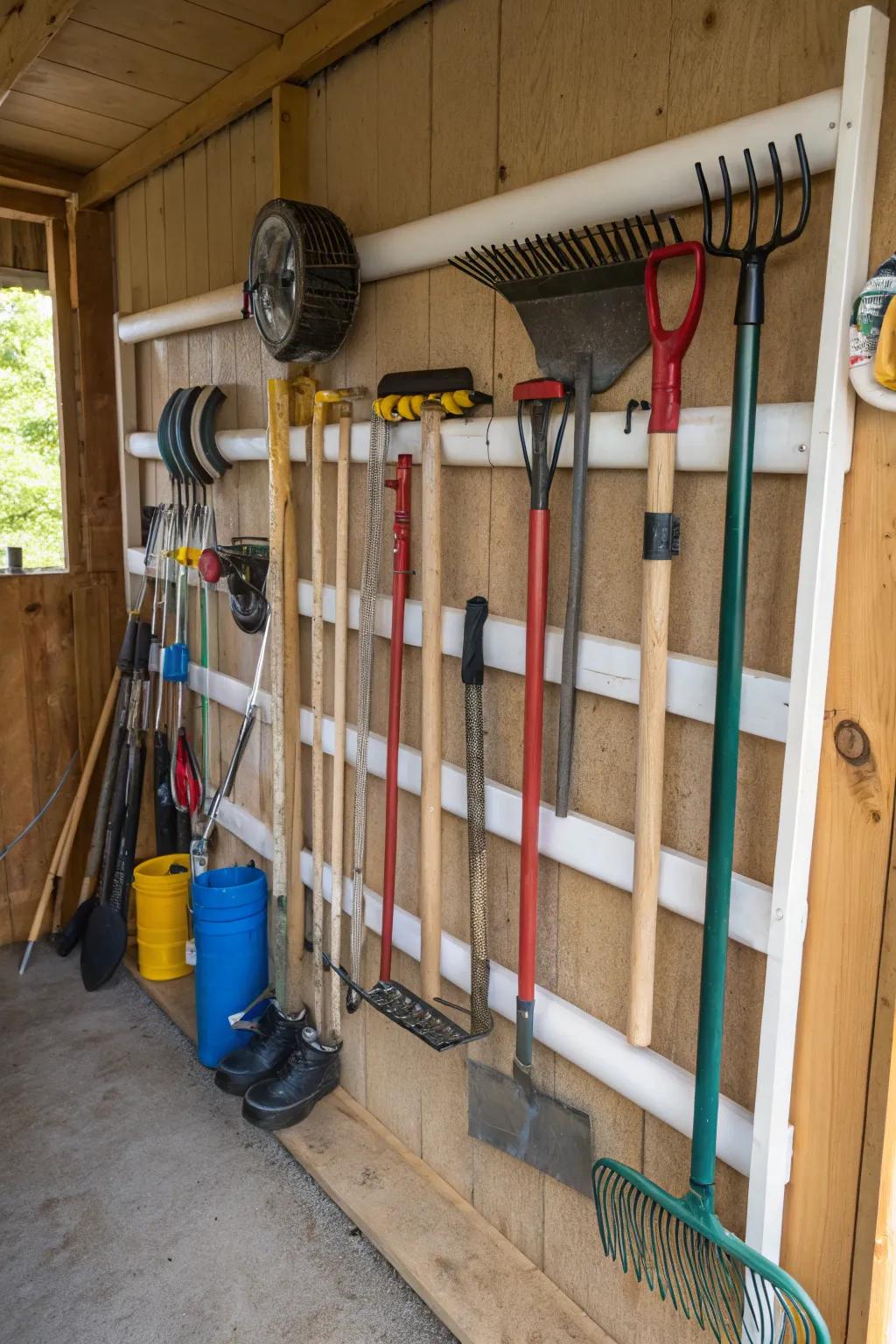 PVC pipes provide a simple solution for organizing long tools.