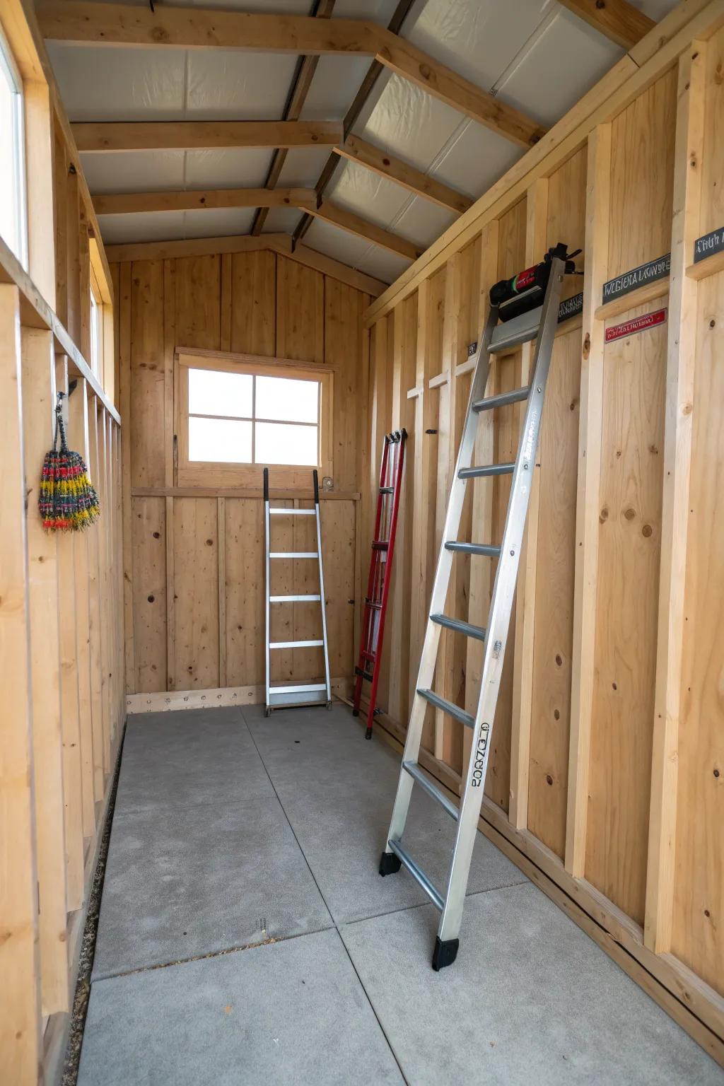Wall mounts provide innovative storage for ladders.
