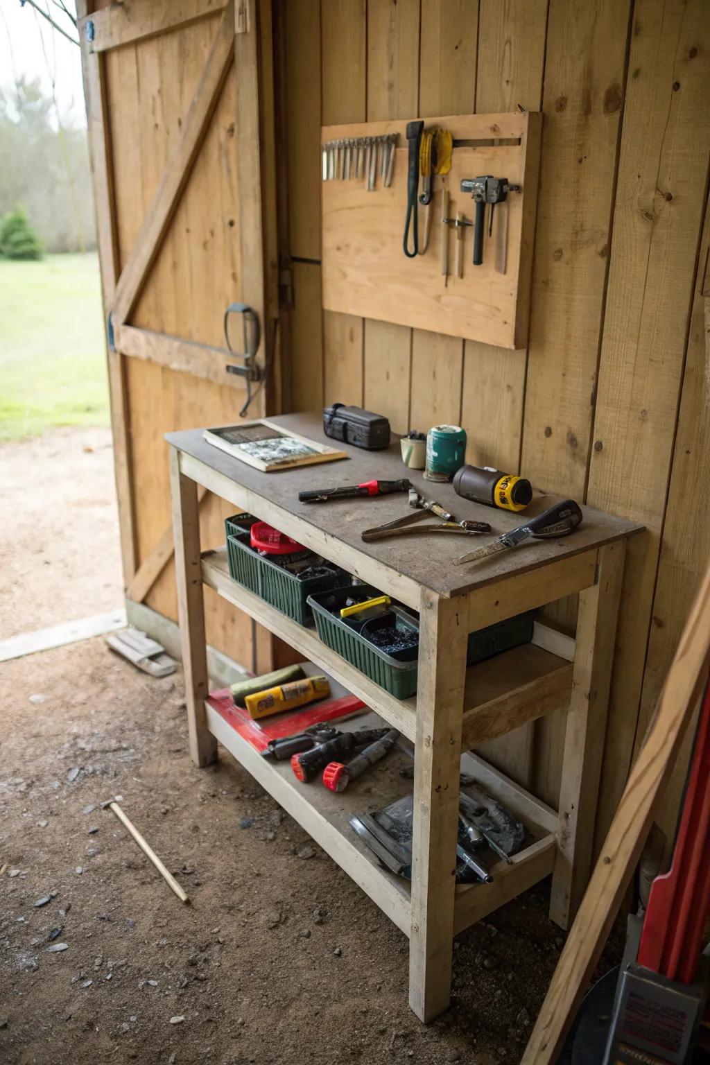 A folding workbench is a space-saving solution for small sheds.