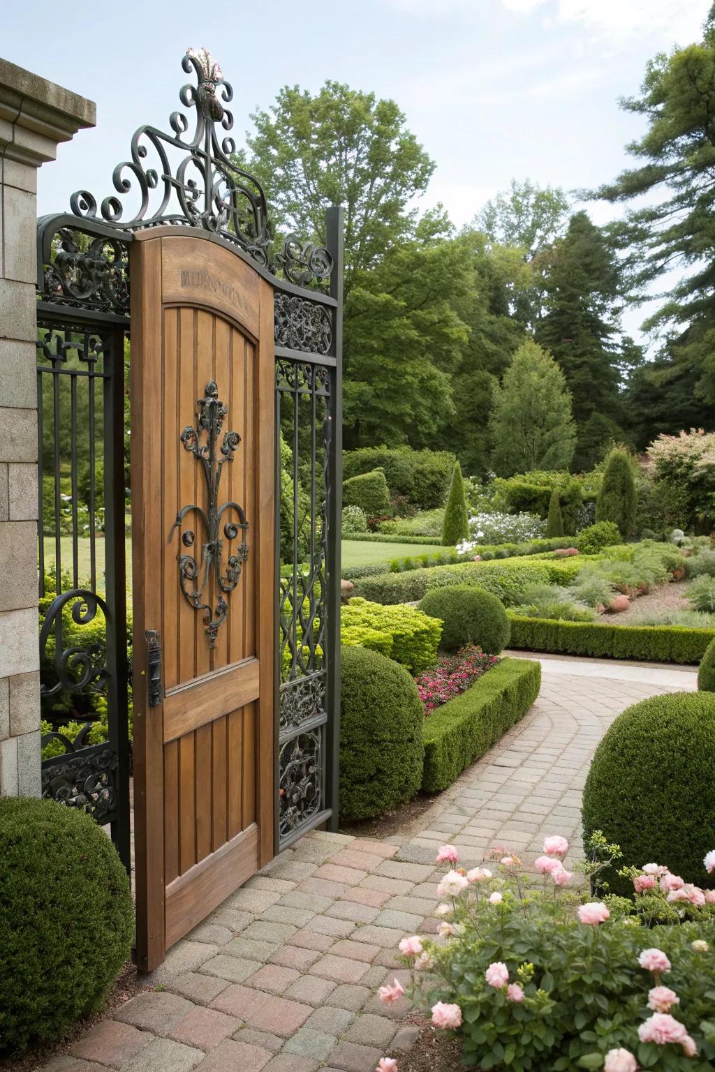 Cedar and iron combine for a beautifully elegant gate.