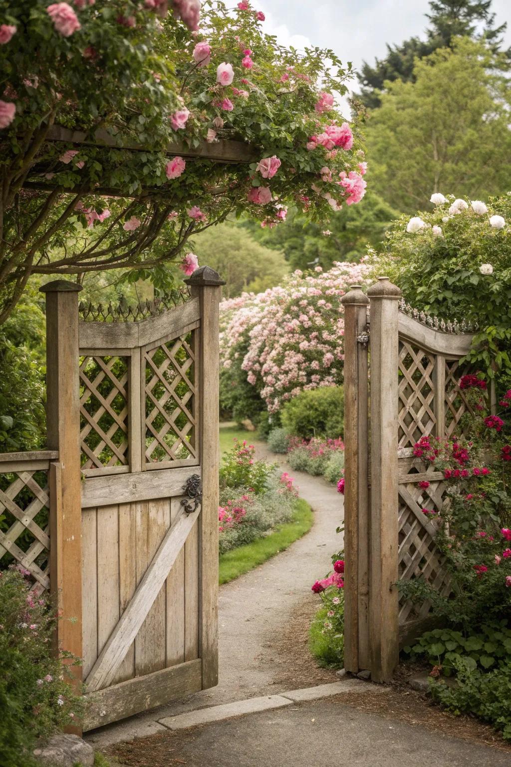 Lattice accents bring charm and elegance to any wooden gate.