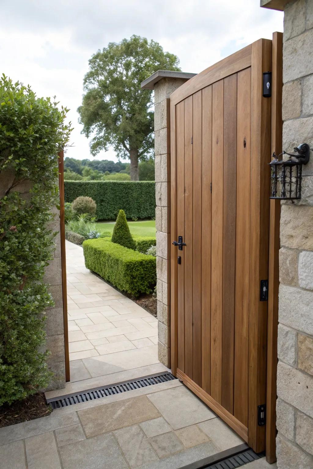 Hidden hinges offer a clean and seamless gate design.