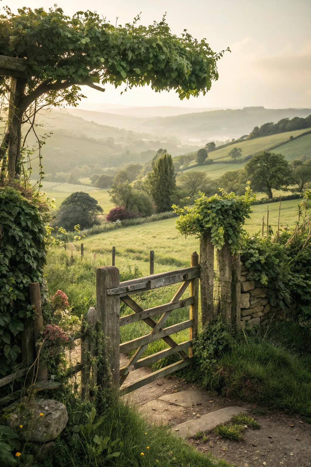 Embrace rustic charm with a naturally finished wooden gate.