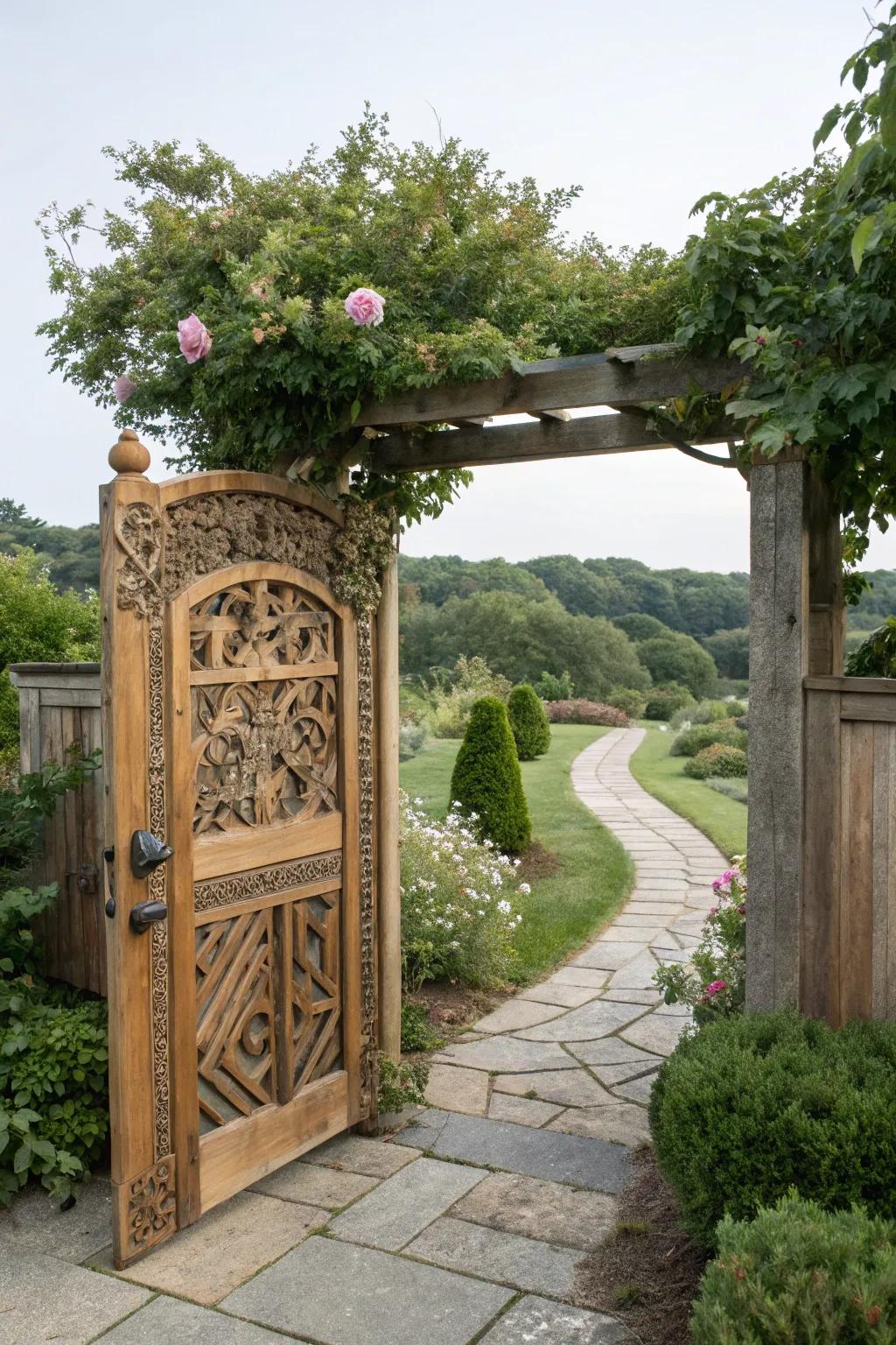 Custom carvings personalize your gate with unique flair.