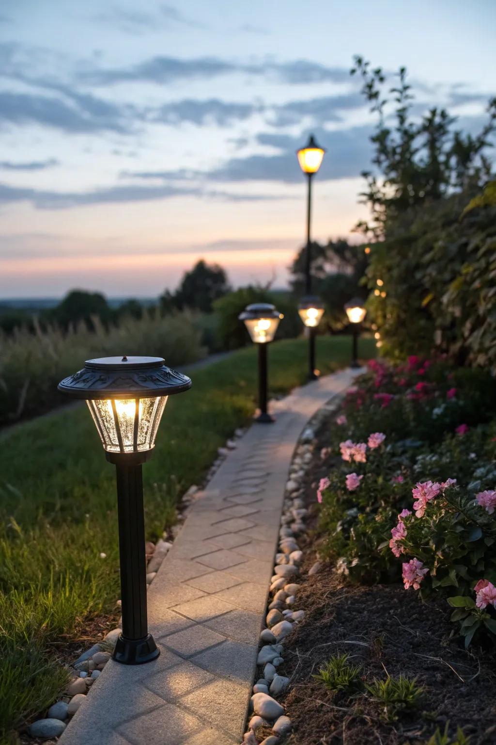 Solar lights highlight the garden's natural beauty.
