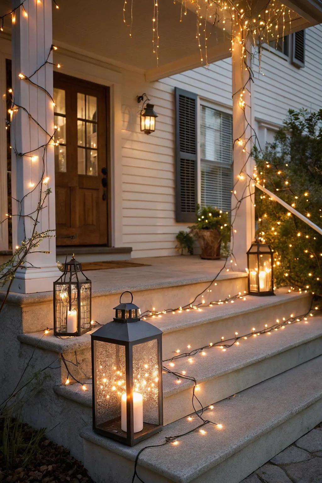 Twinkling lights create a magical fall evening atmosphere.