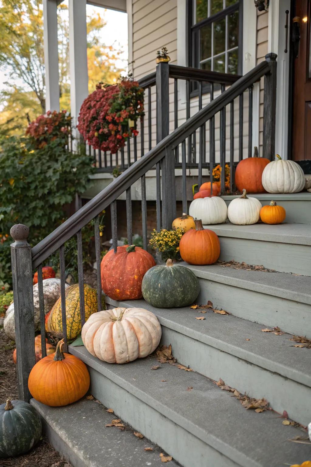 Pumpkins galore lining the steps make a festive fall statement.
