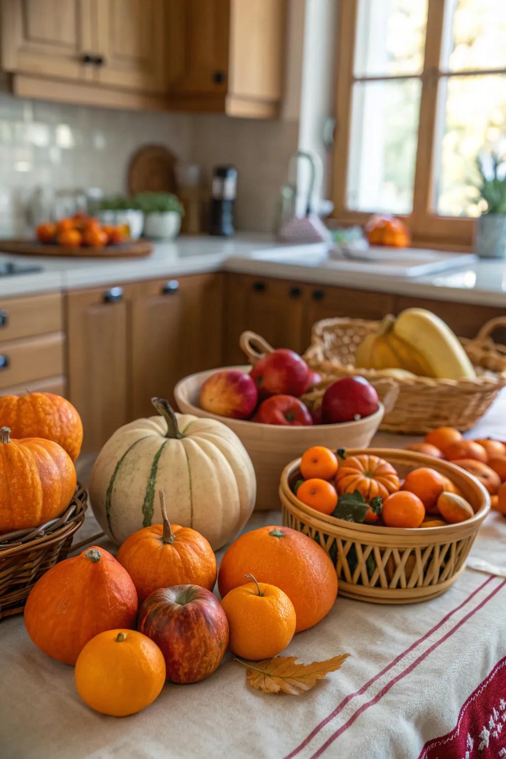 A harvest table doubles as decor and a snack station.