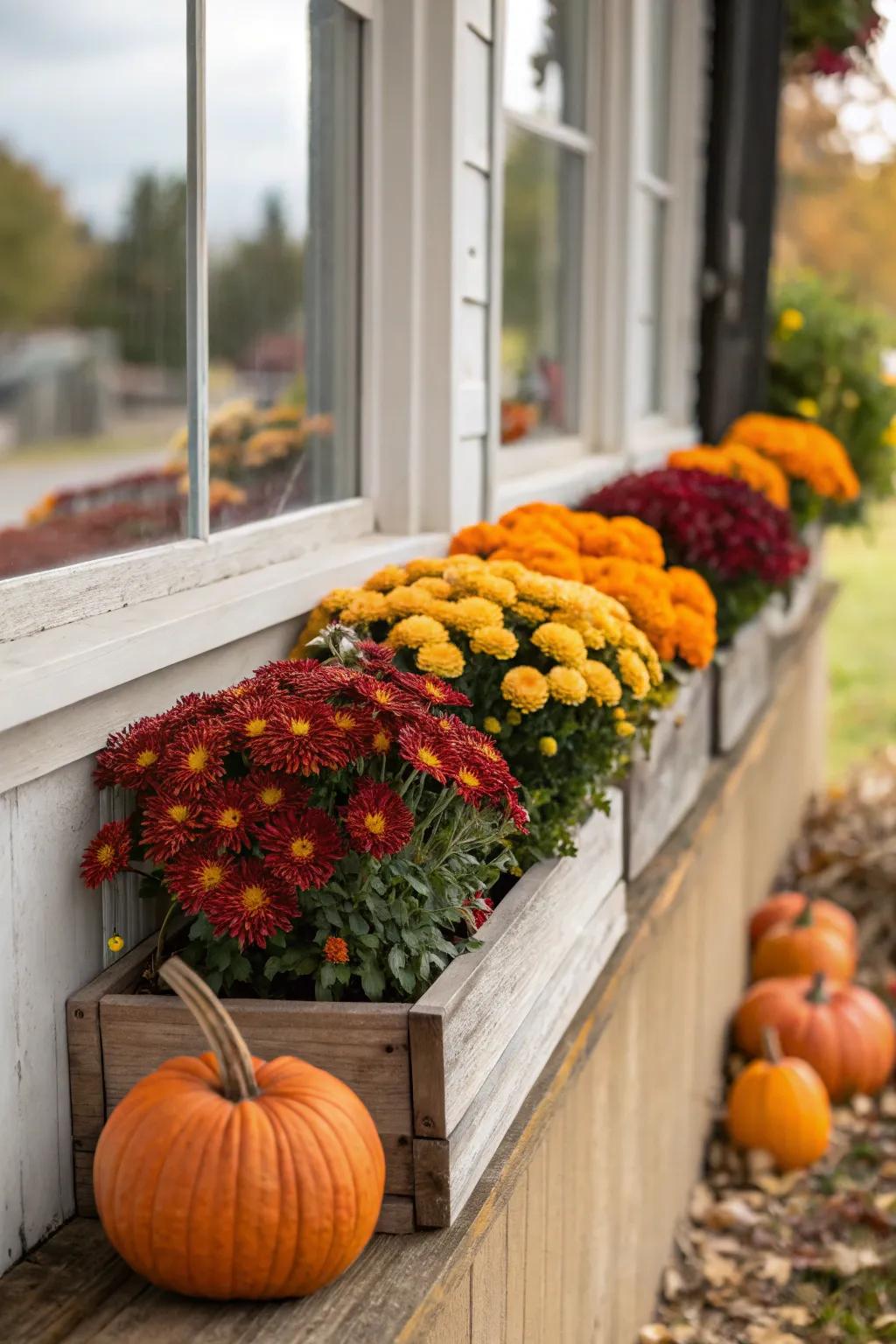Window boxes burst with autumn color and charm.