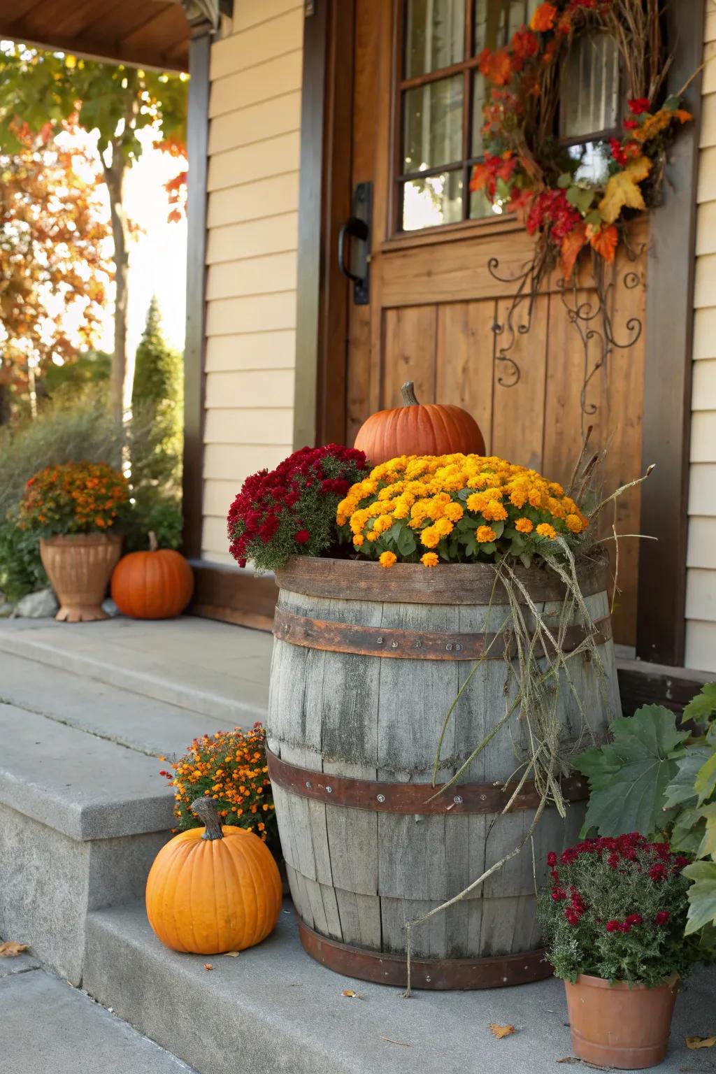 Rustic containers overflowing with fall abundance.
