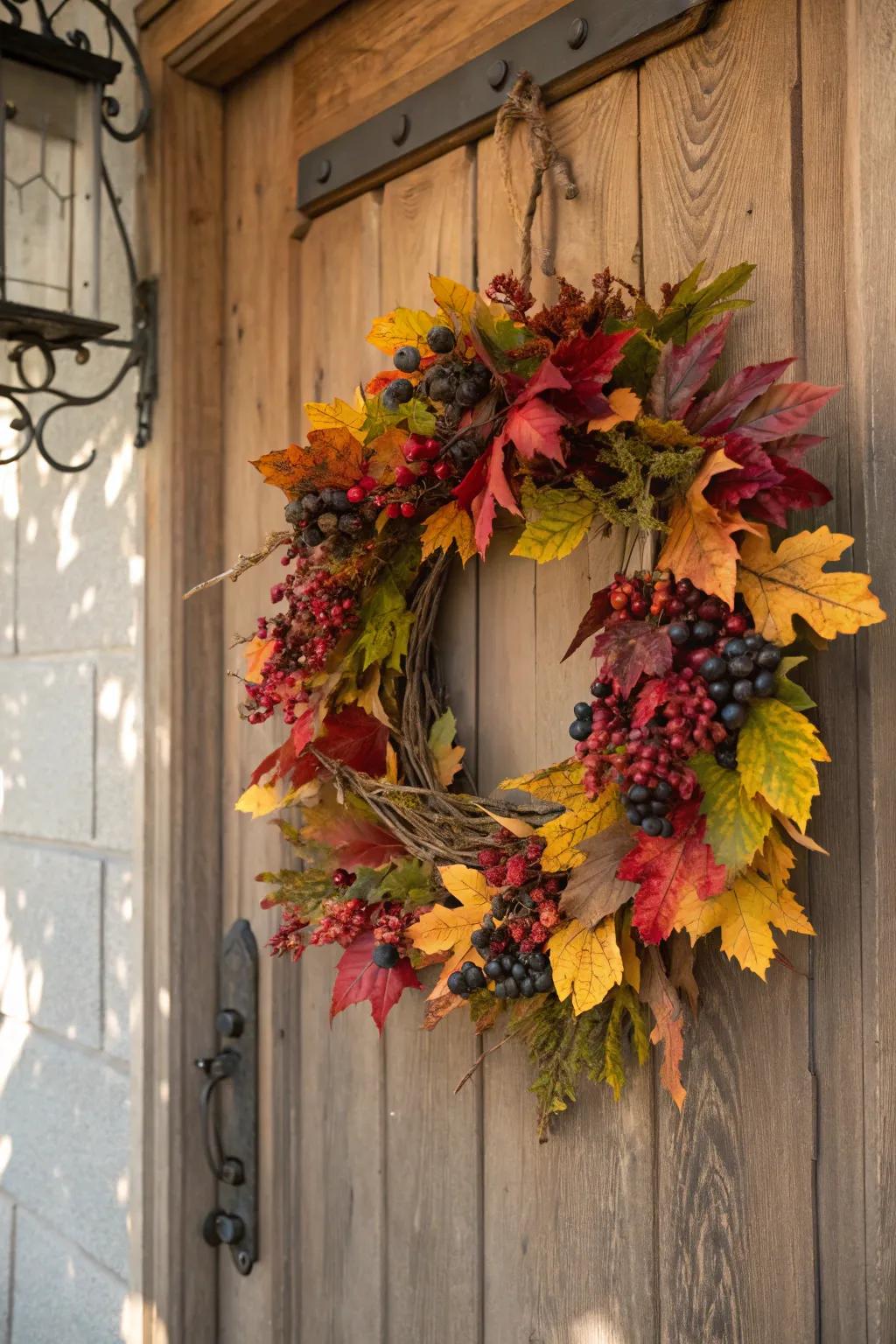 A natural wreath welcomes guests with autumn warmth.