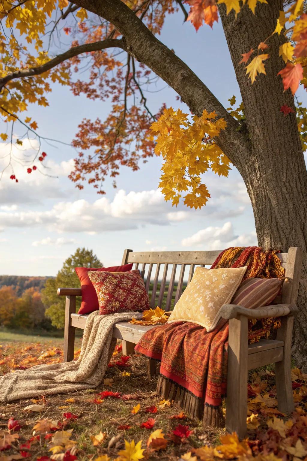 A cozy bench offers a peaceful fall retreat.