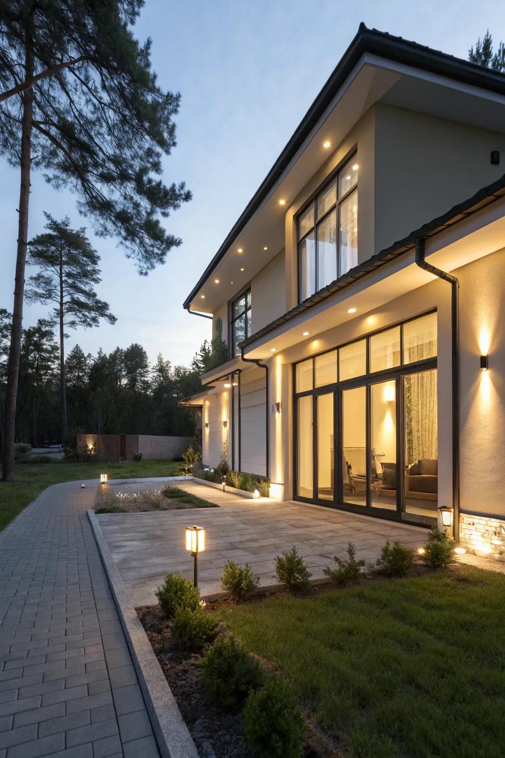 A home with energy-efficient LED lighting illuminating the front.