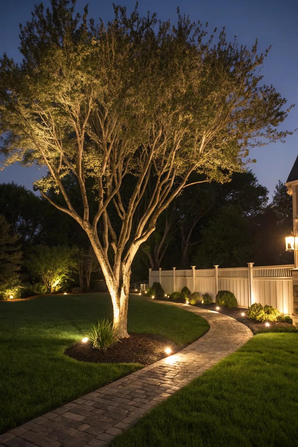 A tree in the front yard dramatically lit from below.