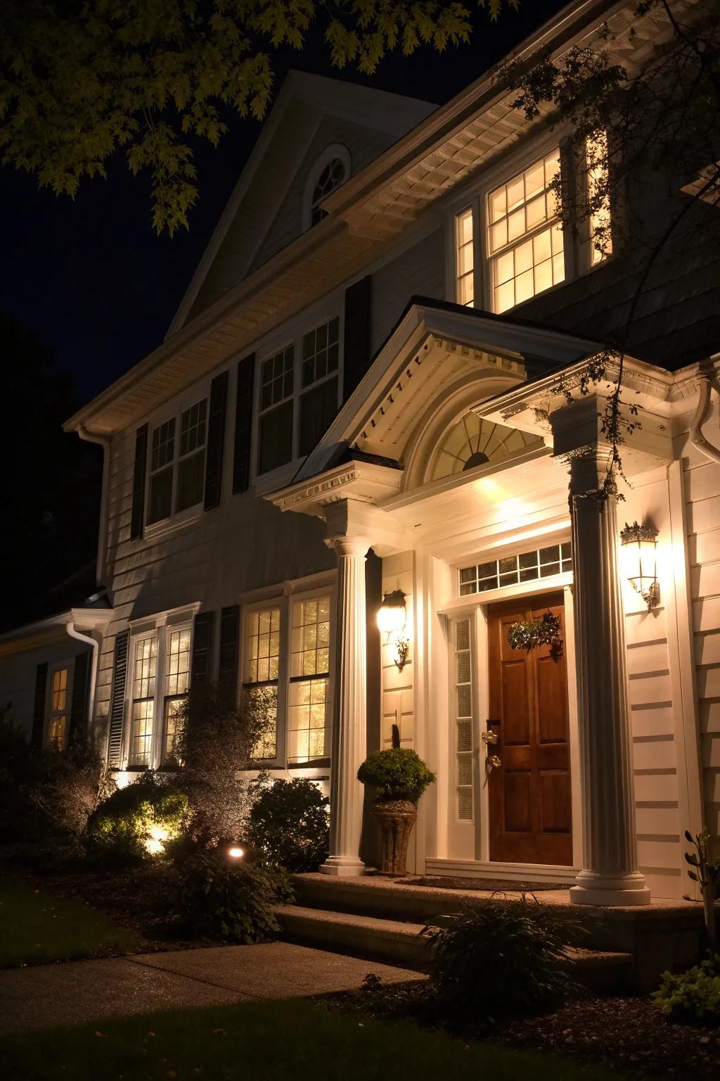 Facade lighting showcasing the architectural beauty of a home.